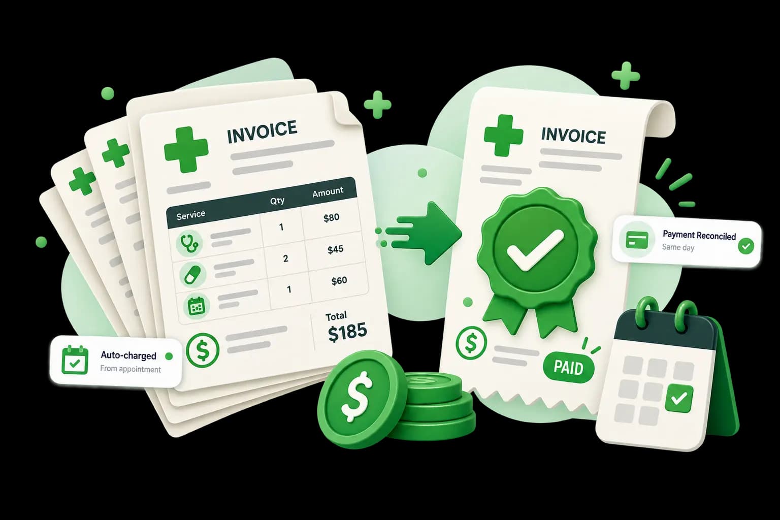 Illustration of medical invoices closing into a same-day receipt