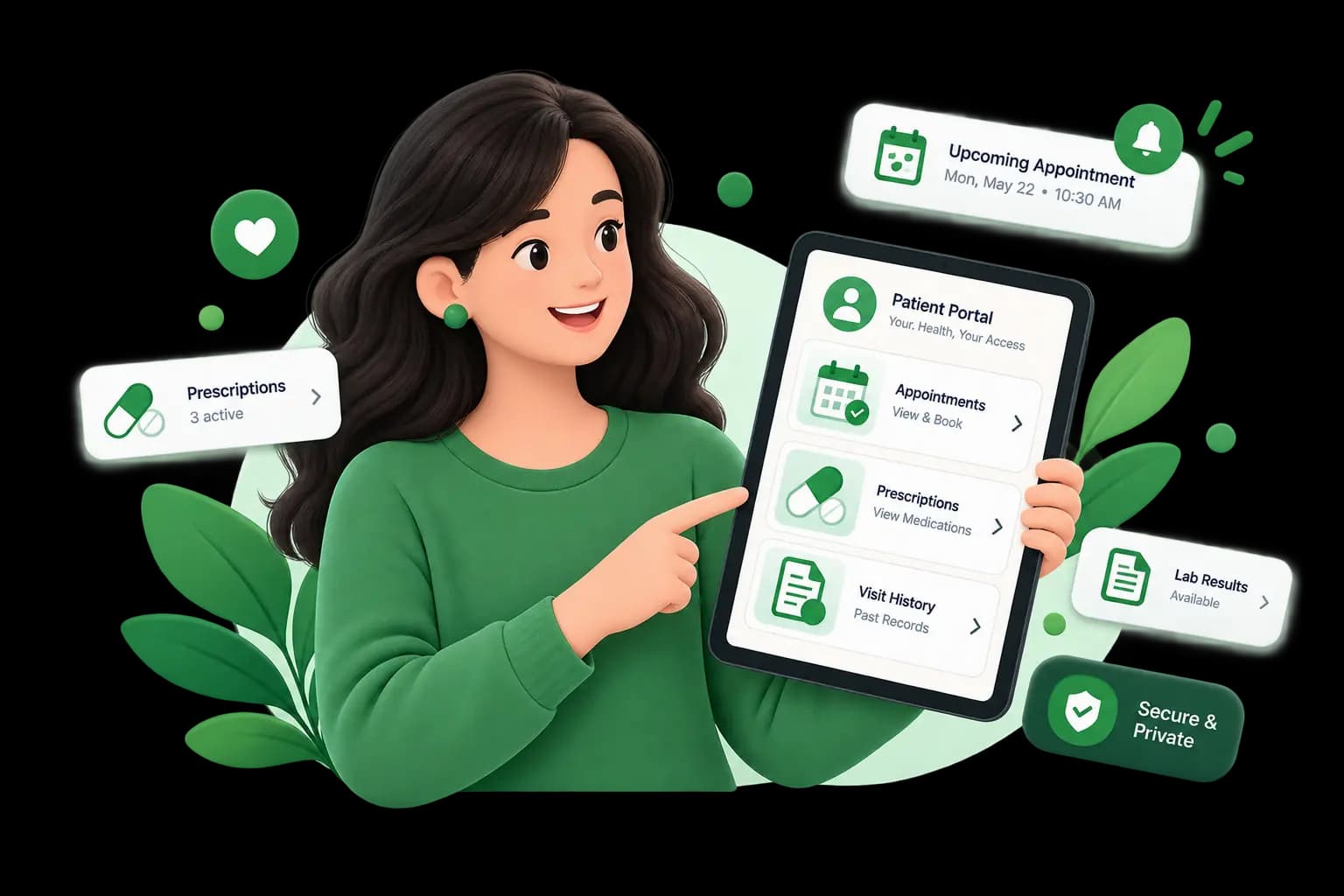 Illustration of a patient checking visits, prescriptions and records on a tablet